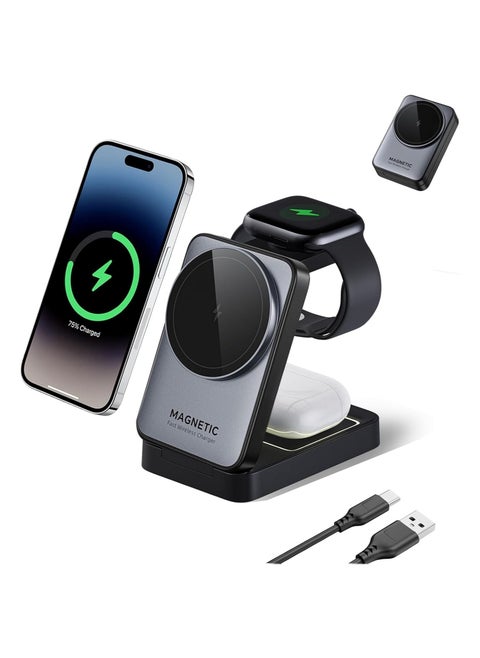 Foldable 3 in 1 Wireless Charger for iPhone,15W MagSafe Charger Stand for iPhone Foldable Travel Wireless Charger Compatible with iPhone16-12 Apple Watch Airpods Pro