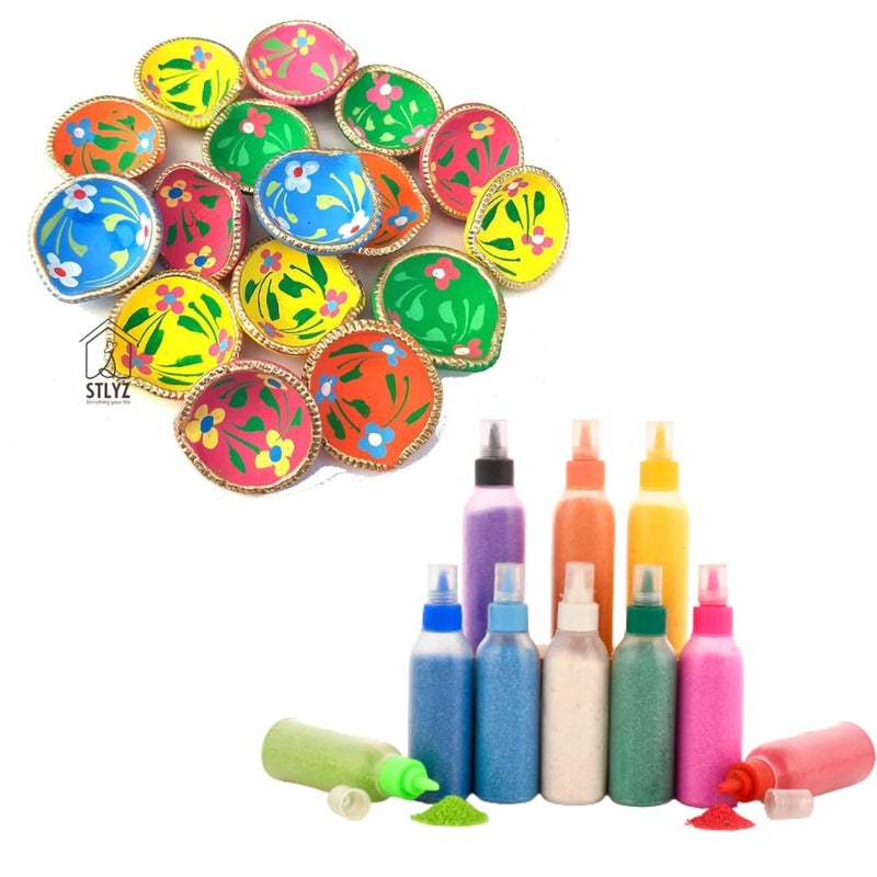 STLYZ Colourful Hand Painted Diwali Diyas 21 Pcs with Rangoli Colour Bottle Set of 10 Handmade Decorative Clay Mitti Diya Deepak Lanterns for Diwali Rangoli Decoration for Home Office Temple