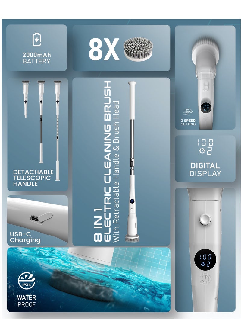 Moxedo - Moxedo 8 in 1 Electric Cleaning Brush Cordless Handheld Spin Scrubber  Detachable Telescopic Handle with 8 Replaceable Brush Heads for Bathtub, Wall, Tile, Toilet, Window and Sink - Image 1