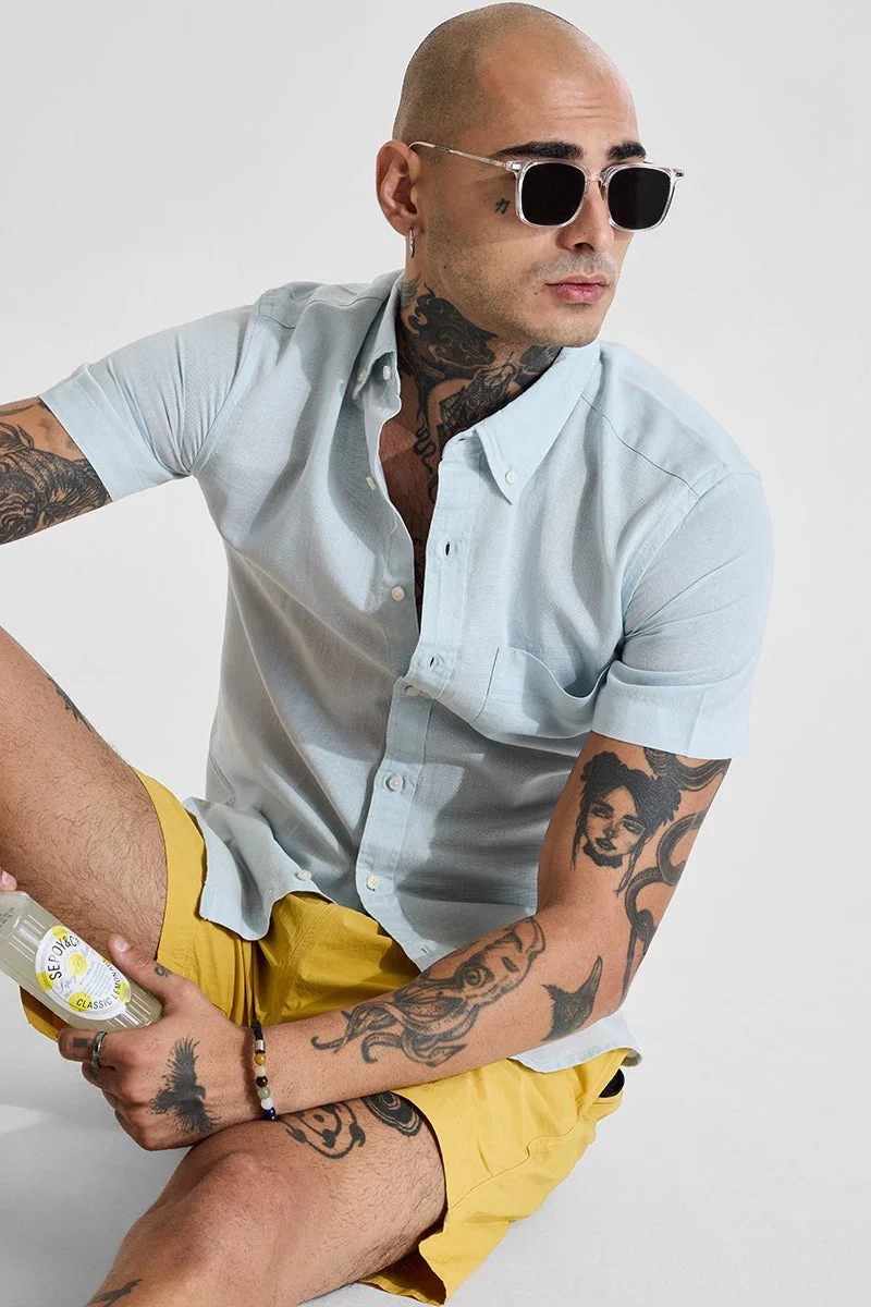 Snitch Light Blue Light Blue Linen Blend Slim Fit Shirt for Men | Best Price UAE