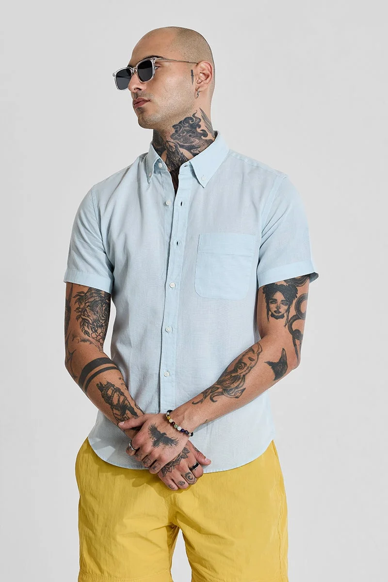 SNITCH Light Blue Linen Blend Slim Fit Shirt