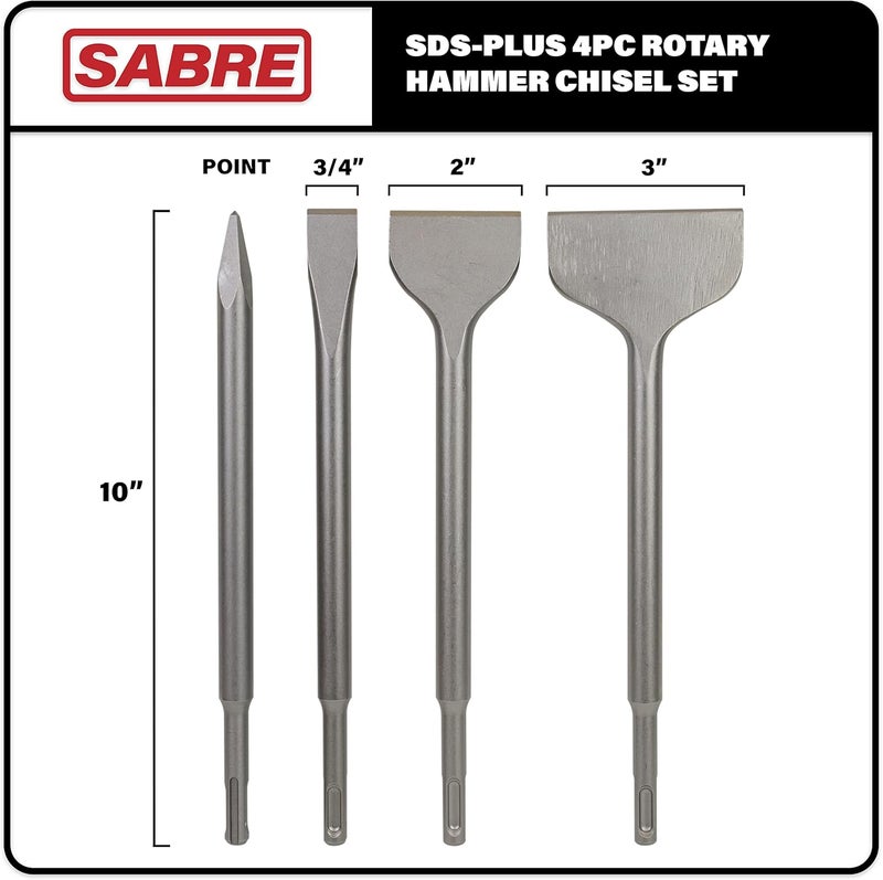 Sabre Tools SDS Plus 4-Piece Chisel Set, Thinset Scraping Bit 3” x 10” Thinset Scaling Chisel, Point Chisel, Flat Chisel, Wide Chisel - SDS Chisel Bits for Hammer Drills – Tile Removal - Image 2