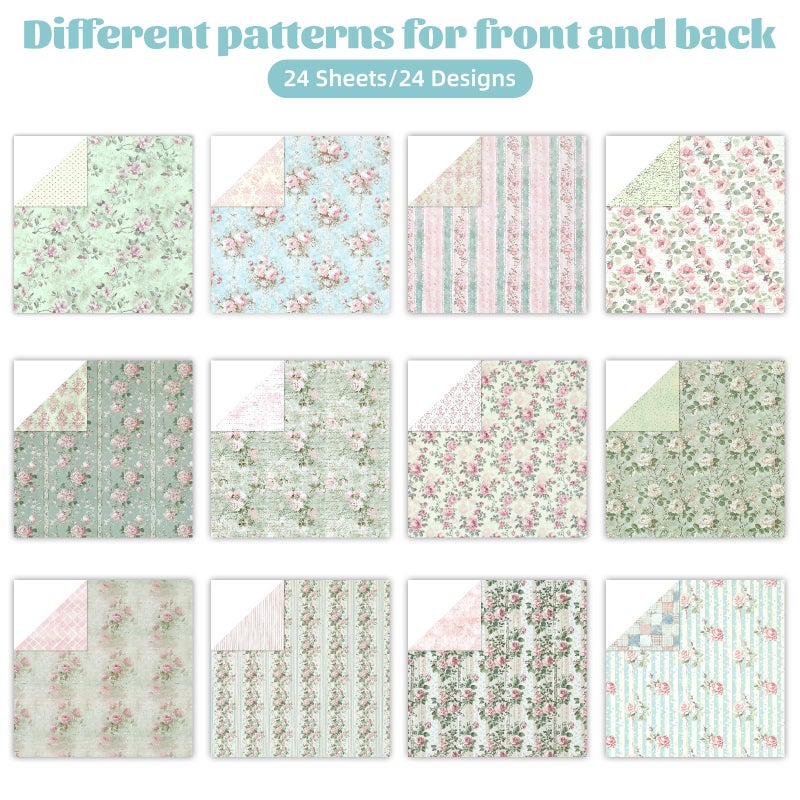 Ethanberg 12x12 Inch Scrapbook Paper Pink and Green Floral Pattern, 24 Sheets/24 Designs Double-Sided Print Craft Papers, Scrapbook Specialty Decorative Paper for DIY Album Decoupage Card Making Scrapbooking - Image 3