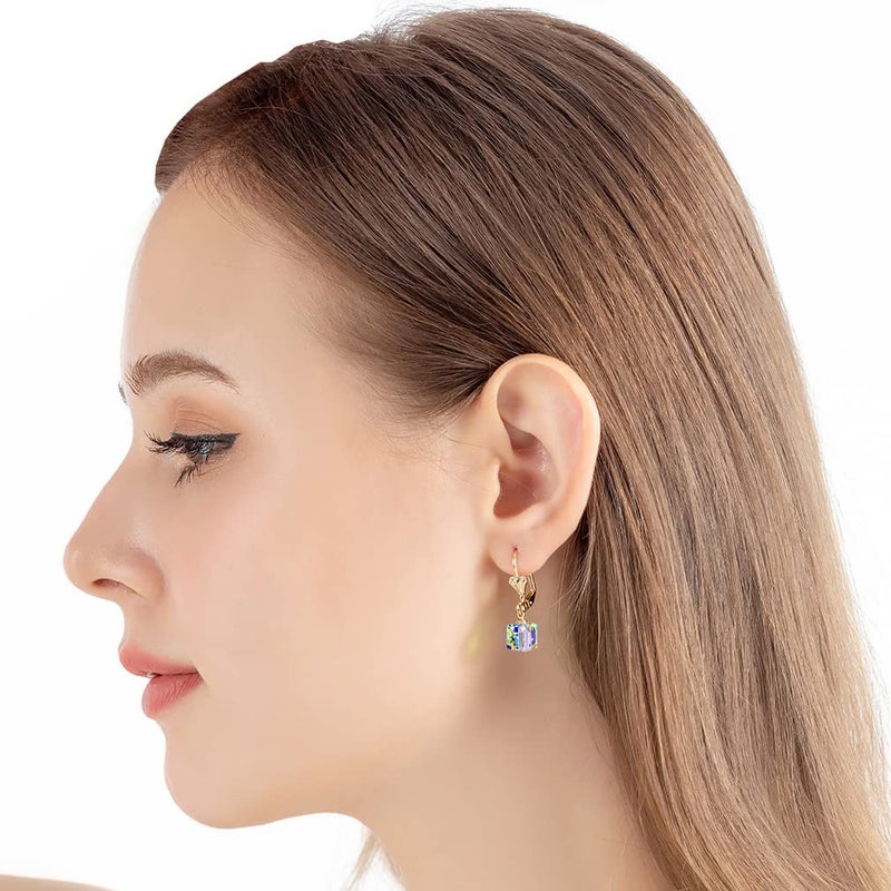 EVEVIC Austrian Crystal Cube Drop Earrings for Women Leverback Dangle Earrings 14K Gold Plated Hypoallergenic Jewelry (Aquamarine) - Image 2