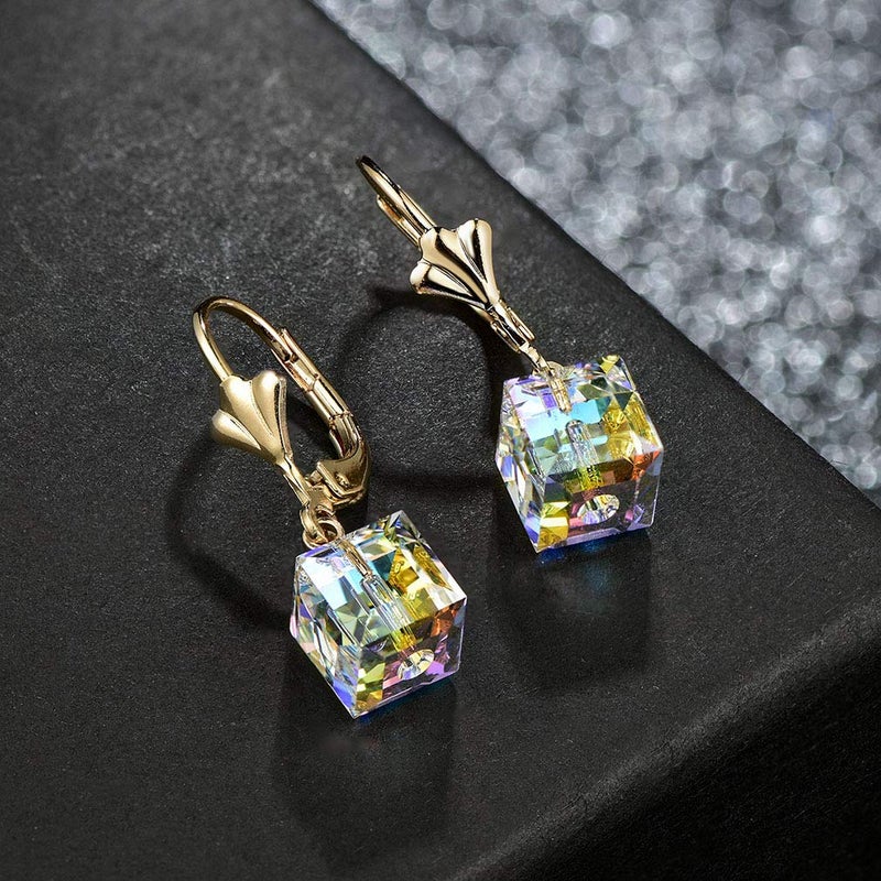 EVEVIC Austrian Crystal Cube Drop Earrings for Women Leverback Dangle Earrings 14K Gold Plated Hypoallergenic Jewelry (Aquamarine) - Image 3