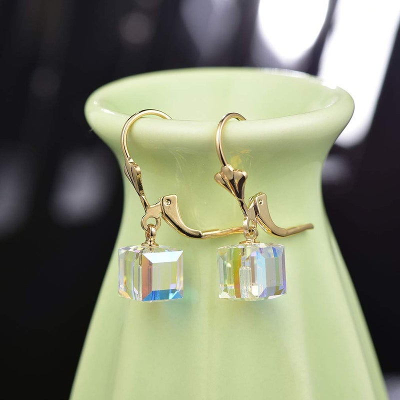 EVEVIC Austrian Crystal Cube Drop Earrings for Women Leverback Dangle Earrings 14K Gold Plated Hypoallergenic Jewelry (Aquamarine) - Image 5
