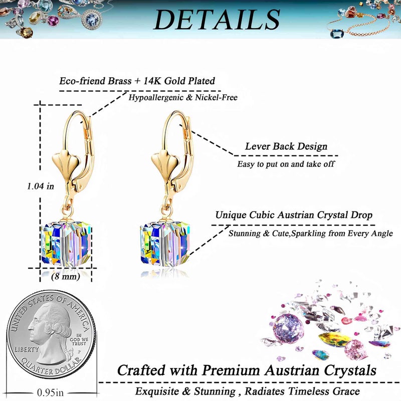 EVEVIC Austrian Crystal Cube Drop Earrings for Women Leverback Dangle Earrings 14K Gold Plated Hypoallergenic Jewelry (Aquamarine) - Image 4