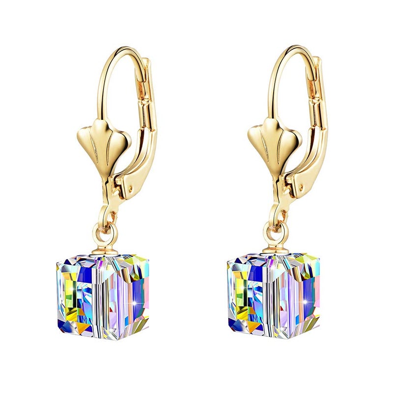 EVEVIC Austrian Crystal Cube Drop Earrings for Women Leverback Dangle Earrings 14K Gold Plated Hypoallergenic Jewelry (Aquamarine) - Image 1