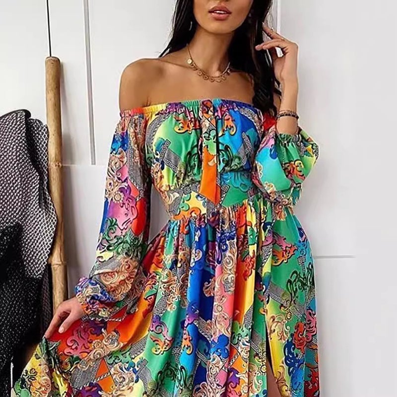 2024 Cross-border Spring and Summer New Evening Dress European and American Printed Dress V-neck Pullover Retro Long Sleeve Large Swing Fork Long Dress flower red - Image 2