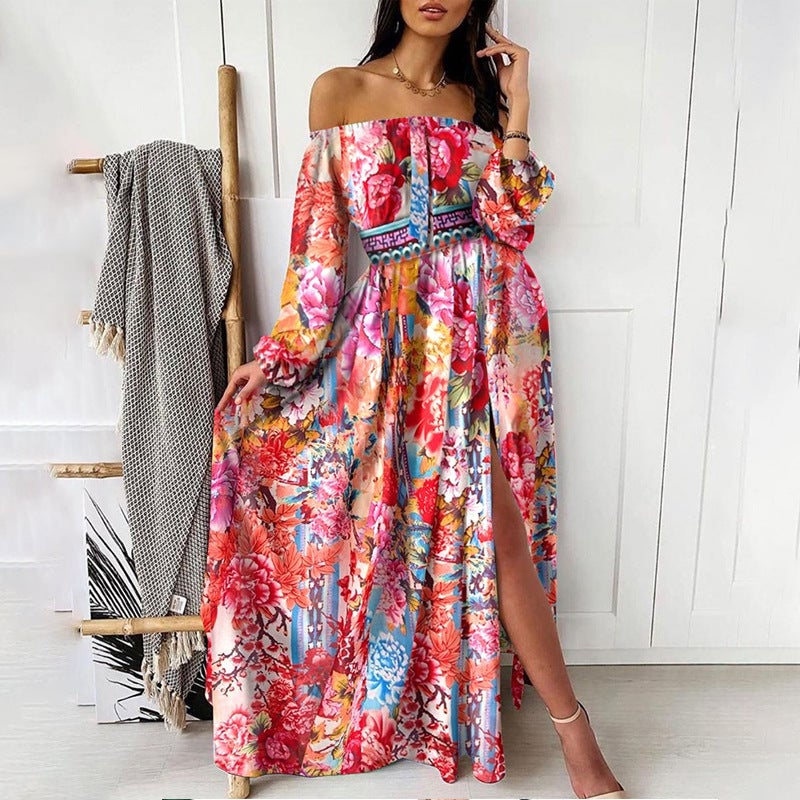 2024 Cross-border Spring and Summer New Evening Dress European and American Printed Dress V-neck Pullover Retro Long Sleeve Large Swing Fork Long Dress flower red - Image 1