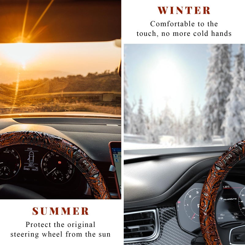 NYTKL Leather Car Steering Wheel Cover, 15" Crocodile Pattern Anti Slip Car Wheel Wrap with Rose Grain, Four Seasons Universal Auto Steering Wheel Protector for Cars Trucks SUVs (Brown) - Image 5