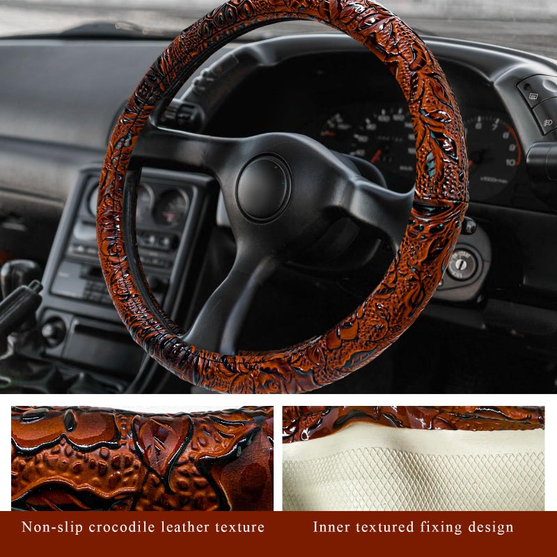 NYTKL Leather Car Steering Wheel Cover, 15" Crocodile Pattern Anti Slip Car Wheel Wrap with Rose Grain, Four Seasons Universal Auto Steering Wheel Protector for Cars Trucks SUVs (Brown) - Image 2