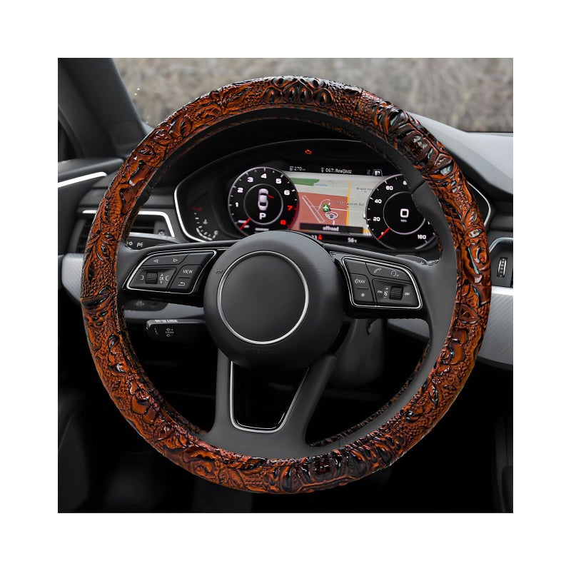 NYTKL Leather Car Steering Wheel Cover, 15" Crocodile Pattern Anti Slip Car Wheel Wrap with Rose Grain, Four Seasons Universal Auto Steering Wheel Protector for Cars Trucks SUVs (Brown) - Image 1