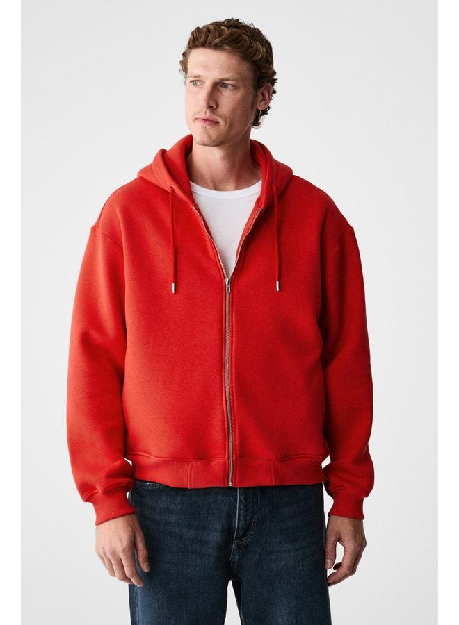 GRIMELANGE ASHBY Men's Hooded Zipper Pocket Corduroy Boxy Fit Red Sweatshirt. - Image 3