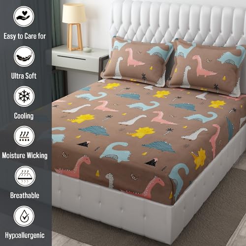 FRESH FROM LOOM Wrinkle Free Glace Animal Print Cotton Bedsheet for Kids with 2 Pillow Cover| Soft Skin Friendly | Anti Fade (Double Bed King Size 90x90 Inches/Rosy/Dinosaur), 144 TC - Image 4