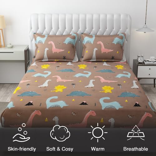 FRESH FROM LOOM Wrinkle Free Glace Animal Print Cotton Bedsheet for Kids with 2 Pillow Cover| Soft Skin Friendly | Anti Fade (Double Bed King Size 90x90 Inches/Rosy/Dinosaur), 144 TC - Image 5