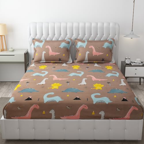 FRESH FROM LOOM Wrinkle Free Glace Animal Print Cotton Bedsheet for Kids with 2 Pillow Cover| Soft Skin Friendly | Anti Fade (Double Bed King Size 90x90 Inches/Rosy/Dinosaur), 144 TC - Image 1