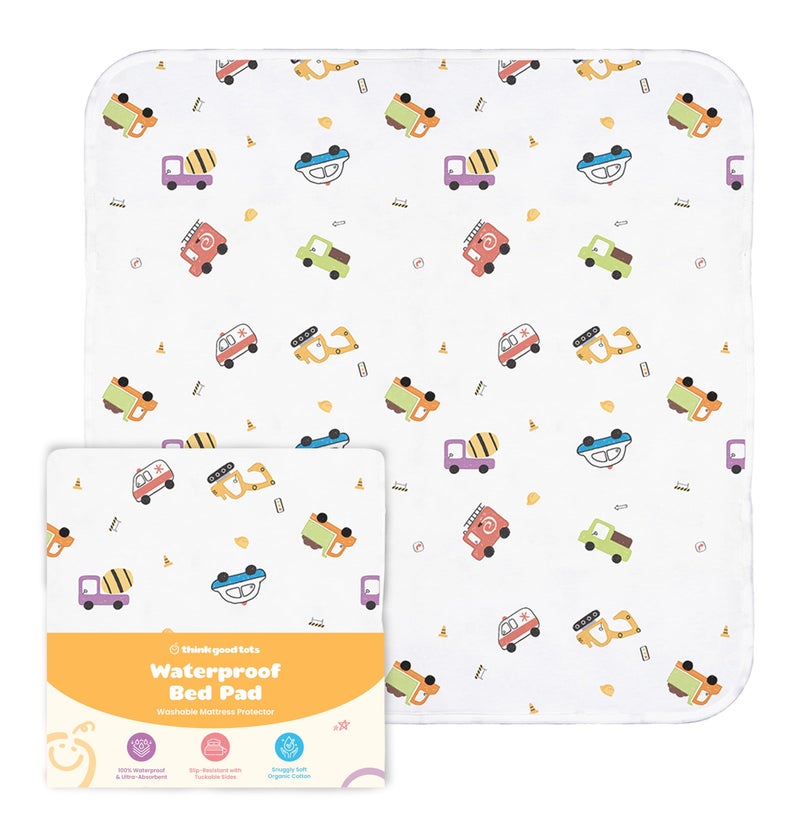 THINK GOOD TOTS Tuckable Potty Training Pee Pads For Kids  Toddlers - 100% Waterproof  Non Slip Bed Wetting Pad  Twin Beds  Washable  Reusable (Truck And Toys Design) - Image 1