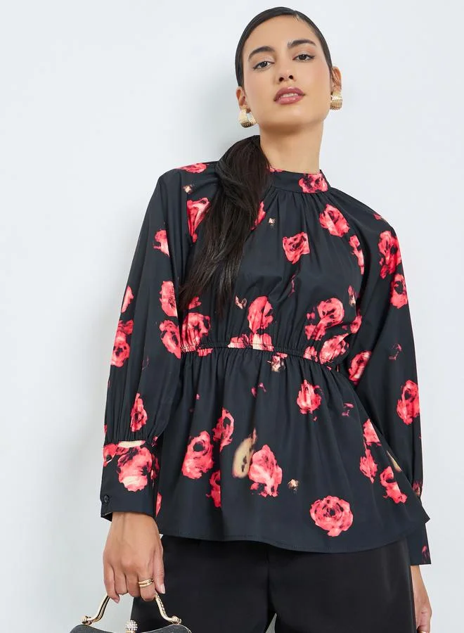 ستايلي Black Floral Print Long Sleeve Blouse