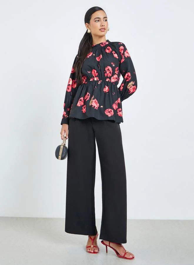 ستايلي Black Floral Print Long Sleeve Blouse
