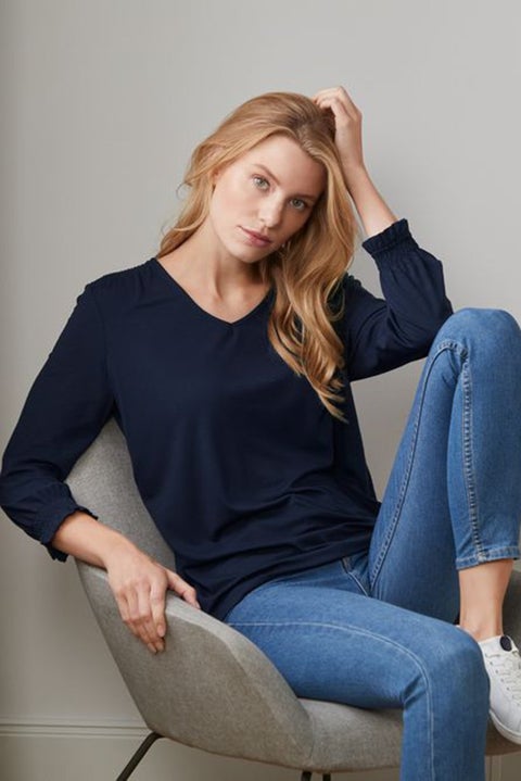 بلوزة نسائية بياقة على شكل V بأكمام قصيرة، كحلي