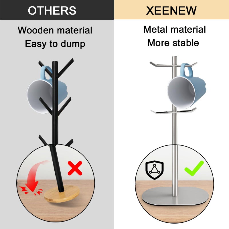 XEENEW Mug Holder Tree, Coffee Cup Holder with 6 Hooks, Coffee Mug Rack, Metal Mug Tree for Counter, Mug Holder Stand Coffee Mug Hanger(Brushed Nickel) - Image 5