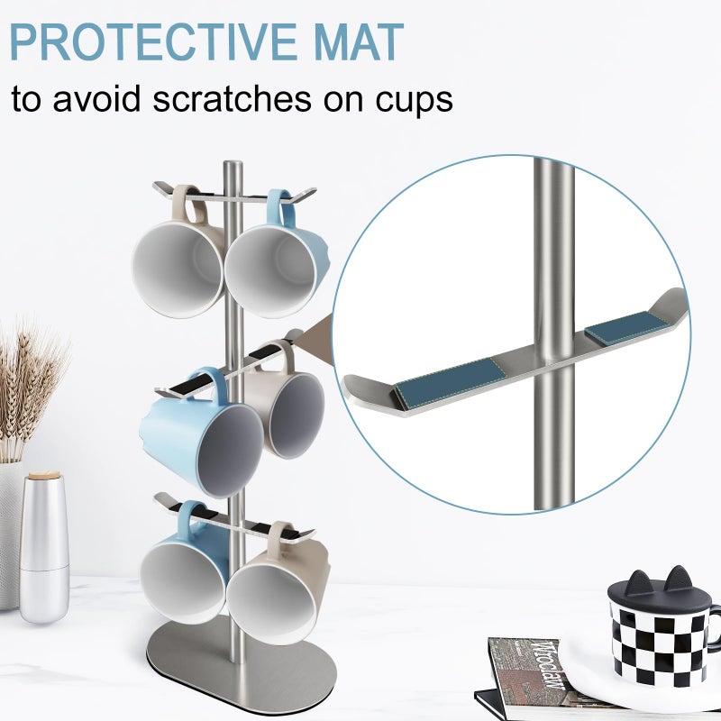 XEENEW Mug Holder Tree, Coffee Cup Holder with 6 Hooks, Coffee Mug Rack, Metal Mug Tree for Counter, Mug Holder Stand Coffee Mug Hanger(Brushed Nickel) - Image 2