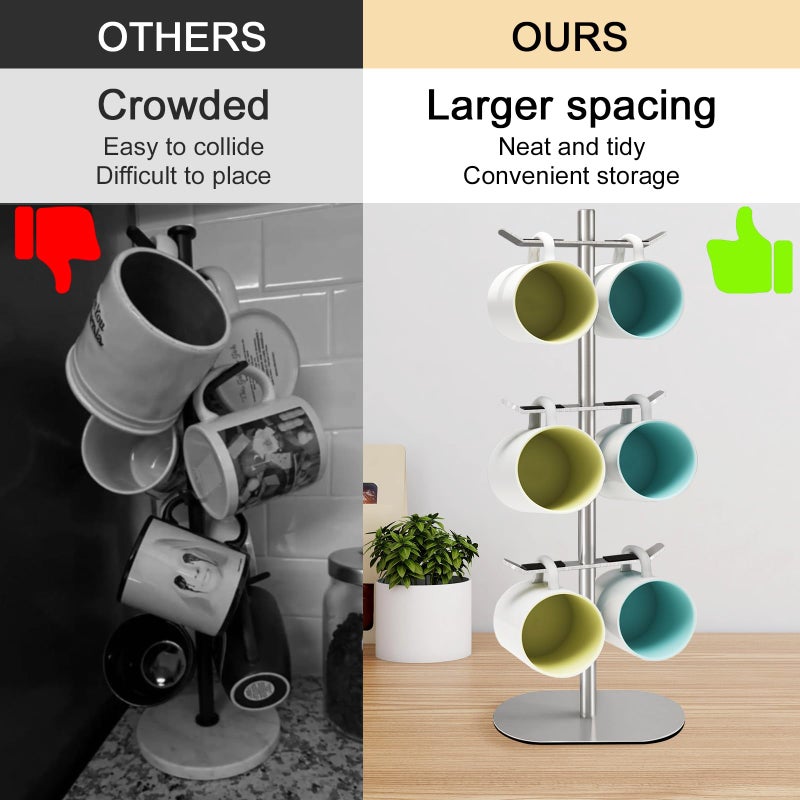 XEENEW Mug Holder Tree, Coffee Cup Holder with 6 Hooks, Coffee Mug Rack, Metal Mug Tree for Counter, Mug Holder Stand Coffee Mug Hanger(Brushed Nickel) - Image 4