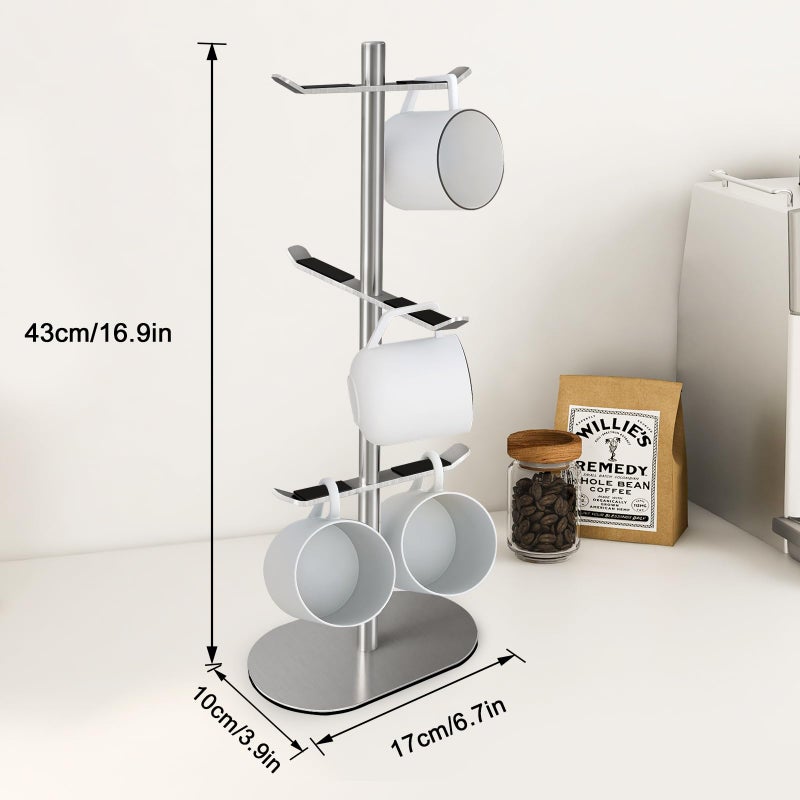 XEENEW Mug Holder Tree, Coffee Cup Holder with 6 Hooks, Coffee Mug Rack, Metal Mug Tree for Counter, Mug Holder Stand Coffee Mug Hanger(Brushed Nickel) - Image 3
