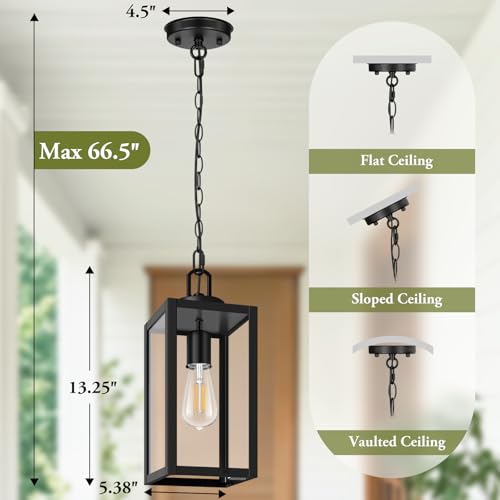 BesLowe 1-Pack Outdoor Pendant Light, 13” Modern Hanging Lantern Light for Outside, Black Exterior Pendant Lighting Fixture with Adjustable Chain, Outdoor Chandelier for Porch, Gazebo, Front Door - Image 5
