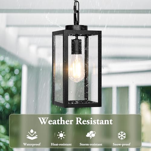BesLowe 1-Pack Outdoor Pendant Light, 13” Modern Hanging Lantern Light for Outside, Black Exterior Pendant Lighting Fixture with Adjustable Chain, Outdoor Chandelier for Porch, Gazebo, Front Door - Image 2
