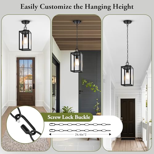 BesLowe 1-Pack Outdoor Pendant Light, 13” Modern Hanging Lantern Light for Outside, Black Exterior Pendant Lighting Fixture with Adjustable Chain, Outdoor Chandelier for Porch, Gazebo, Front Door - Image 3