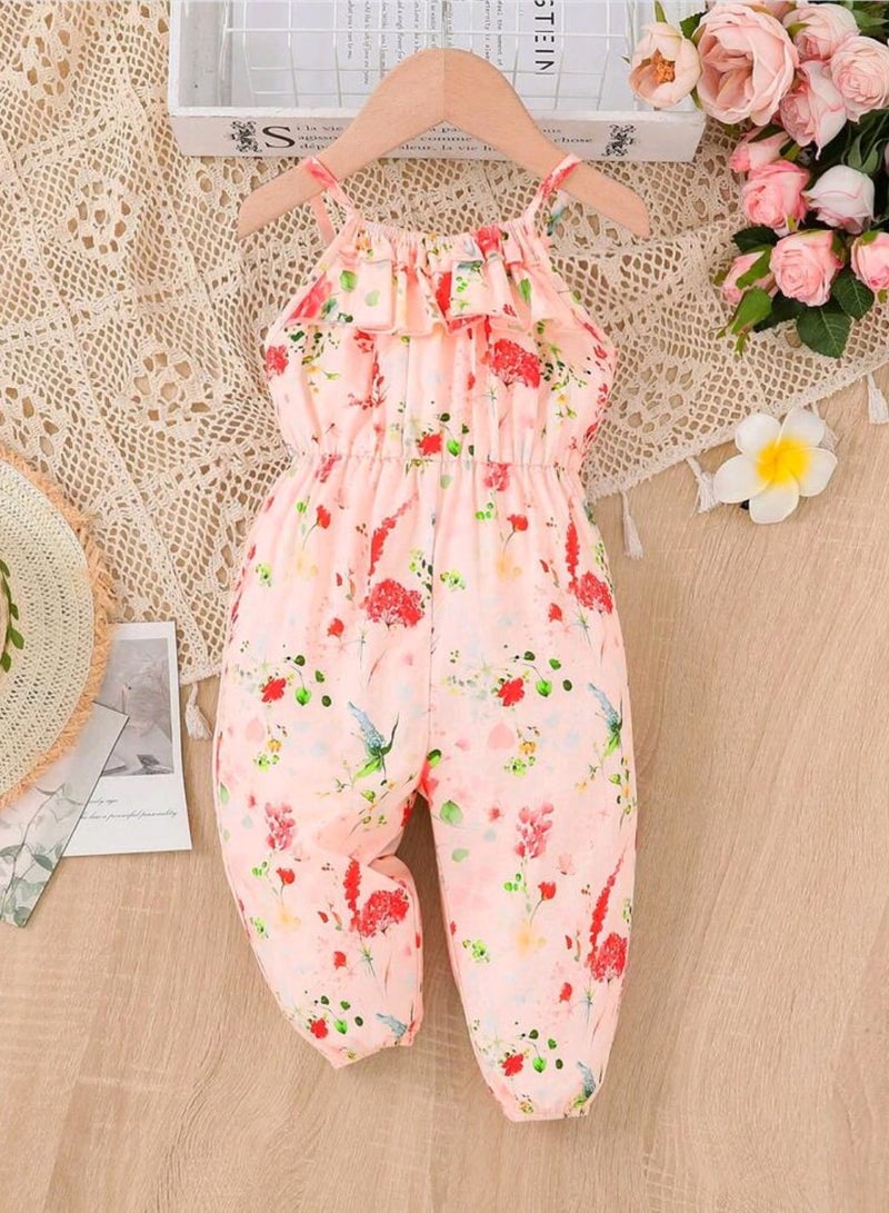 Shein Baby Floral Print Ruffle Trim Cami Jumpsuit - Image 1