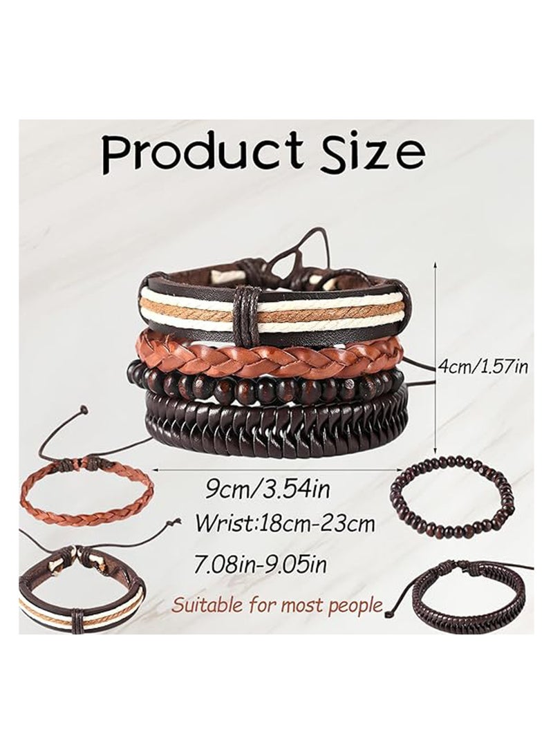 سوار جلدي رجالي من 4 قطع، طقم أساور جلد مضفر متعدد الطبقات بنمط بانك قابل للتعديل، أساور معدنية ملفوفة، هدية للرجال والنساء.