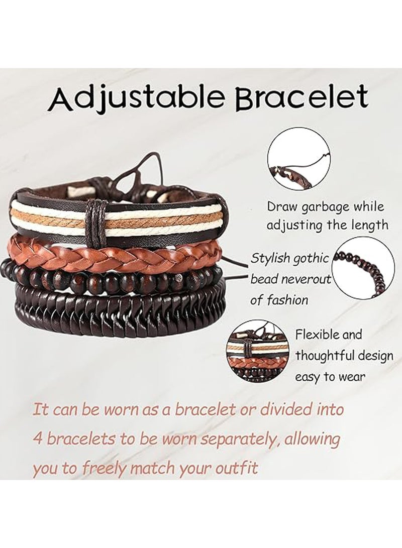سوار جلدي رجالي من 4 قطع، طقم أساور جلد مضفر متعدد الطبقات بنمط بانك قابل للتعديل، أساور معدنية ملفوفة، هدية للرجال والنساء.