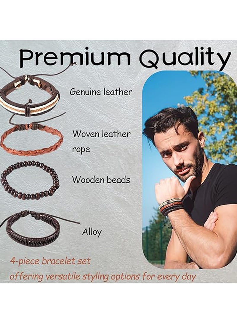 سوار جلدي رجالي من 4 قطع، طقم أساور جلد مضفر متعدد الطبقات بنمط بانك قابل للتعديل، أساور معدنية ملفوفة، هدية للرجال والنساء.