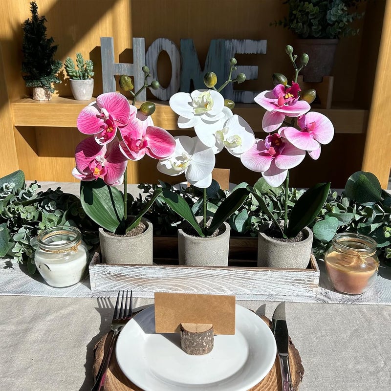 Winlyn Set of 3 Small Artificial Orchid Potted Plants Arrangement with Rustic Wood Planter Box Real Touch Faux Phalaenopsis Moth Orchid Flowers in Pots for Home Office Desk Shelf Table Centerpiece - Image 3