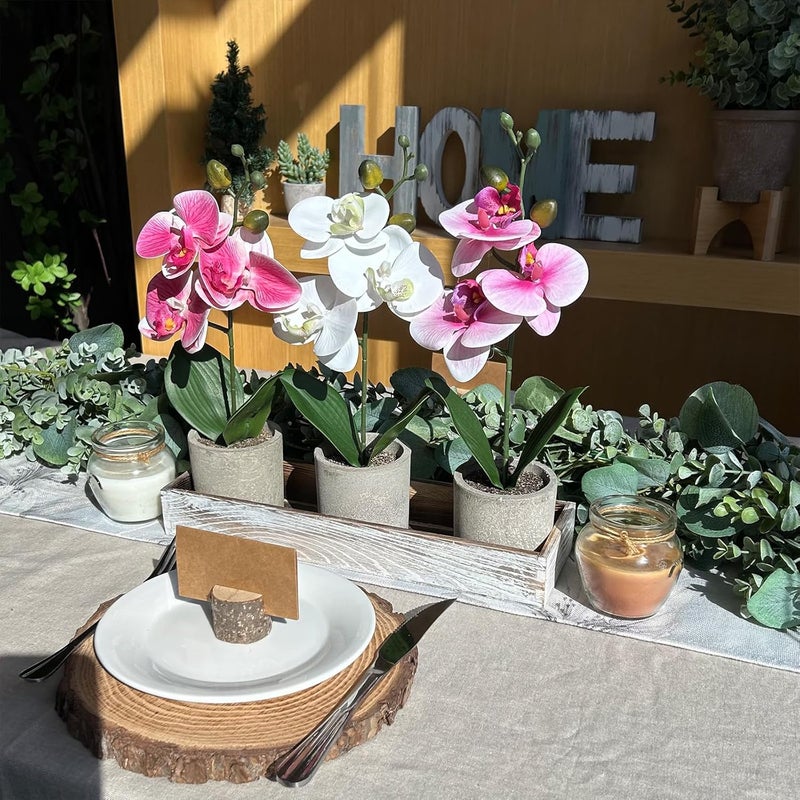Winlyn Set of 3 Small Artificial Orchid Potted Plants Arrangement with Rustic Wood Planter Box Real Touch Faux Phalaenopsis Moth Orchid Flowers in Pots for Home Office Desk Shelf Table Centerpiece - Image 4