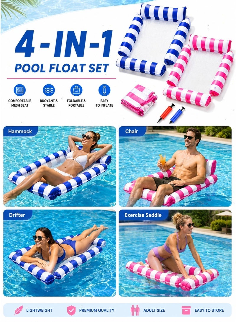 2 Packs 4-in-1 Inflatable Pool Float, Water Hammock with Air Pump, Portable Float for Adults, Blue & Pink for Pool Water Fun - Image 2