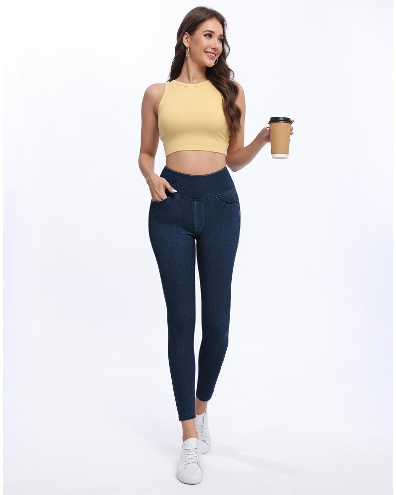 TONIRY Jeggings for Women with Pockets Stretchy Skinny Tummy Control Jeans High Waist Pull On Butt Lifting Denim Leggings - Soft, Breathable Fabric for Casual Yoga Work Year-Round Wear Dark Blue - Image 2