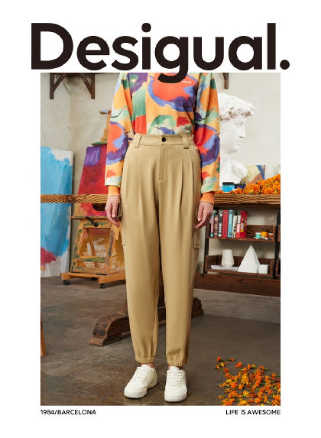 DESIGUAL سروال نسائي كاجوال بقصة فضفاضة، جيوب كبيرة، تطريز، وأرجل مدببة - Image 1