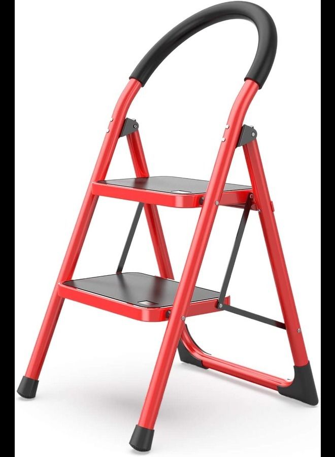 شواي سلم ذو خطوتين قابل للطي مع دواسة مضادة للانزلاق وواسعة للاستخدام في المنزل والمطبخ وتوفير المساحة (أحمر) - Image 1