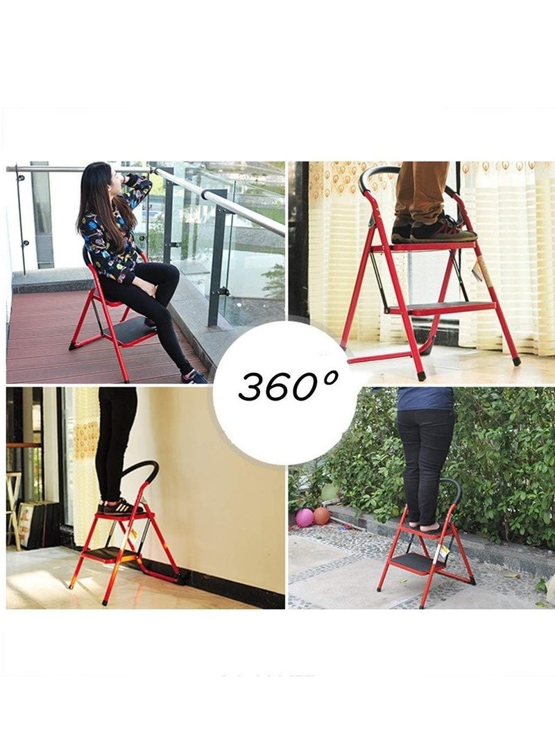 شواي سلم ذو خطوتين قابل للطي مع دواسة مضادة للانزلاق وواسعة للاستخدام في المنزل والمطبخ وتوفير المساحة (أحمر) - Image 4