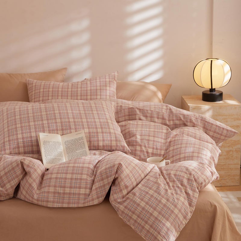 EAVD Pink Gingham Duvet Cover Queen Soft Washed Cotton Reversible Grid Plaid Bedding Set with 2 Pillowcases Modern Checkered Grid Duvet Cover with Zipper Farmhouse Gingham Bedding Set for All-Season - Image 1