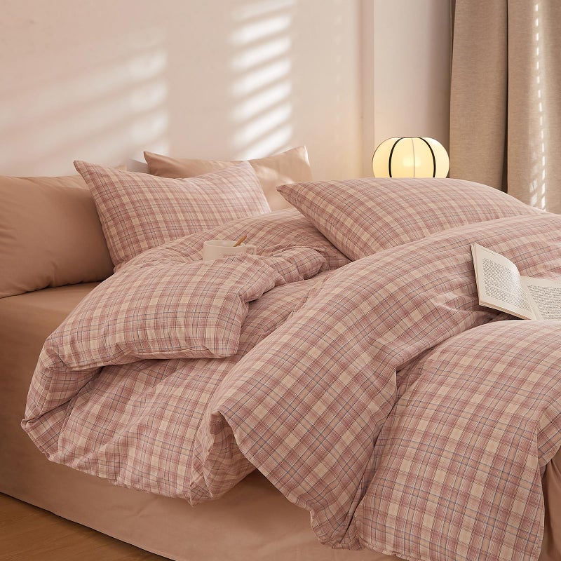 EAVD Pink Gingham Duvet Cover Queen Soft Washed Cotton Reversible Grid Plaid Bedding Set with 2 Pillowcases Modern Checkered Grid Duvet Cover with Zipper Farmhouse Gingham Bedding Set for All-Season - Image 4