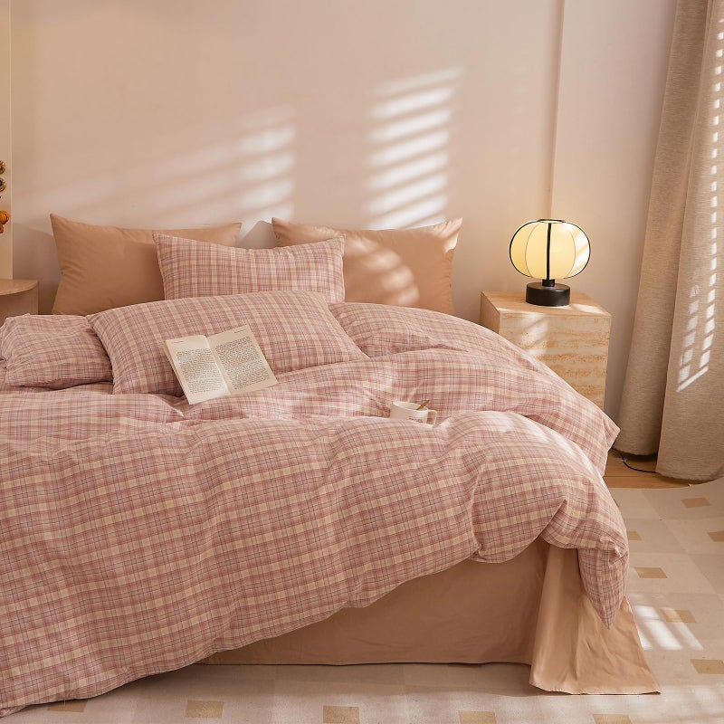 EAVD Pink Gingham Duvet Cover Queen Soft Washed Cotton Reversible Grid Plaid Bedding Set with 2 Pillowcases Modern Checkered Grid Duvet Cover with Zipper Farmhouse Gingham Bedding Set for All-Season - Image 3