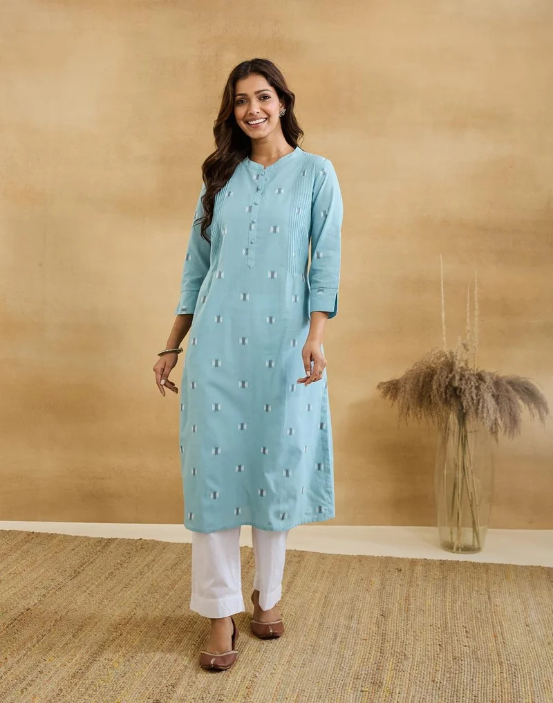 Fabindia Turquoise Cotton Long Kurta