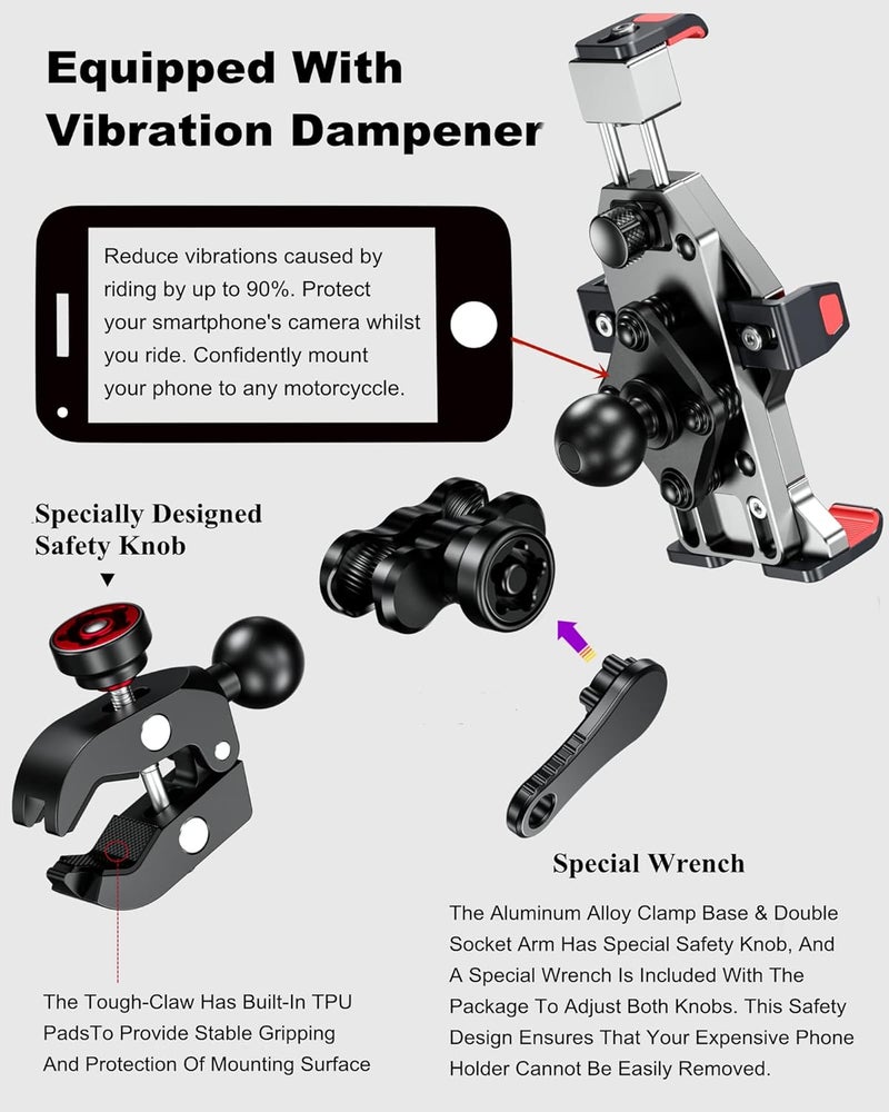 BRCOVAN Aluminum Alloy Motorcycle Phone Mount with Vibration Dampener & Secure Lock for 4.7''-7.2'' Smartphones - Image 5