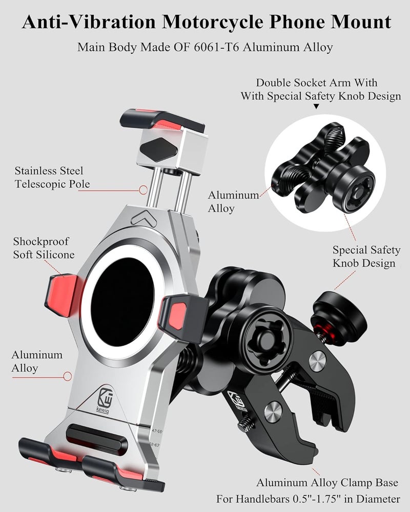 BRCOVAN Aluminum Alloy Motorcycle Phone Mount with Vibration Dampener & Secure Lock for 4.7''-7.2'' Smartphones - Image 4