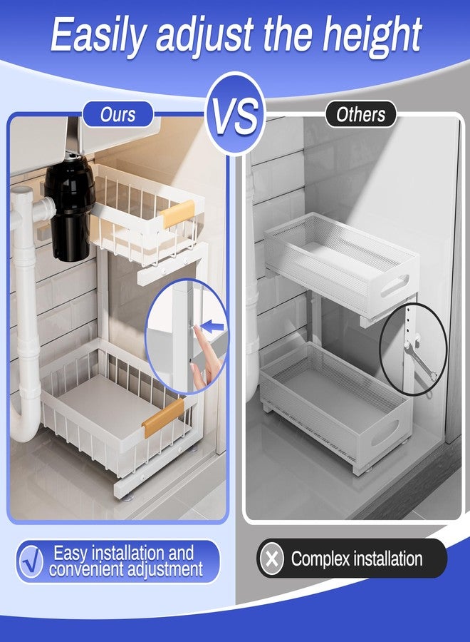 ADBIU Under Sink Organizer, 2 Pack 2 Tier Expandable Height (13.2" - 17.2") Pulling Out Kitchen Bathroom Cabinet Organizers (White, Large Size) - Image 3